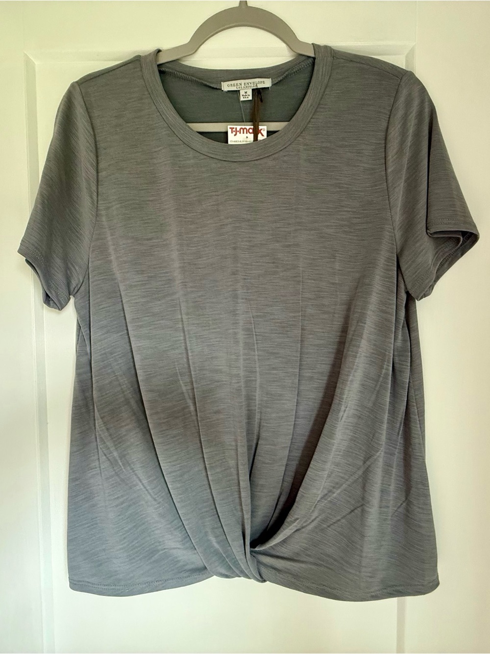 Green Envelope Gray Twist-Knot Short Sleeve Tee
